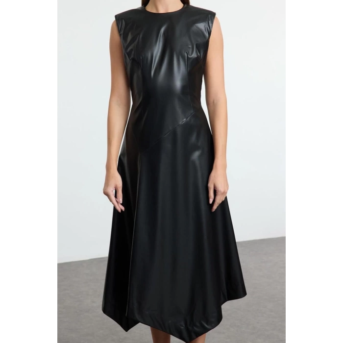 Fashion Style Regular Crew Neck Midi Length A Cut Sleeveless Faux Leather Woven Dress