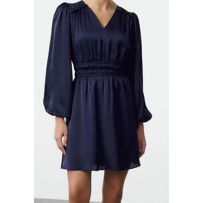 Fashion Style Regular V Neck Mini Length A Cut Satin Woven Dress