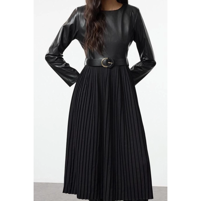 Fashion Style Regular Crew Neck Midi Length Belted Faux Leather Pleated A Cut Woven Dress