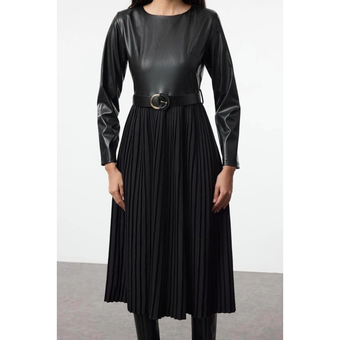 Fashion Style Regular Crew Neck Midi Length Belted Faux Leather Pleated A Cut Woven Dress