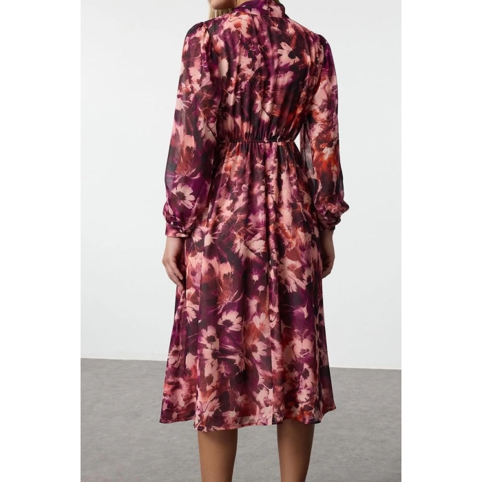 Fashion Style Regular V Neck Midi Length Floral Patterned A Cut Scarf Collar Lined Chiffon Woven Dress