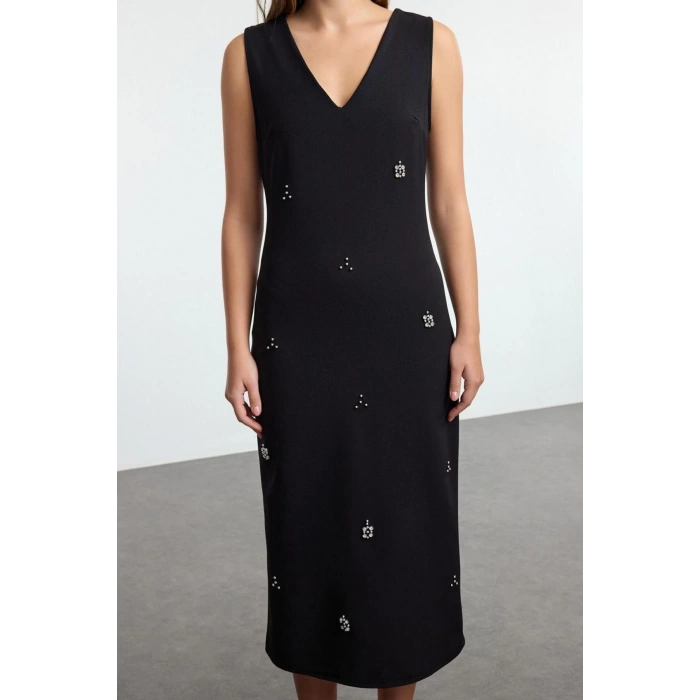 Fashion Style Regular V Neck Midi Length A Cut Stone Embroidered Vest Woven Dress