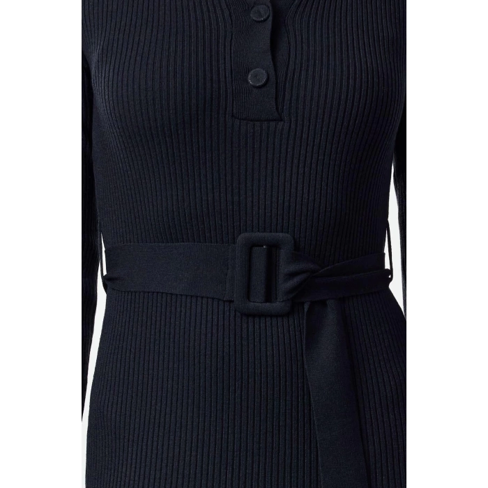 Fashion Style Regular Polo Collar Midi Length Belted Knit Dress