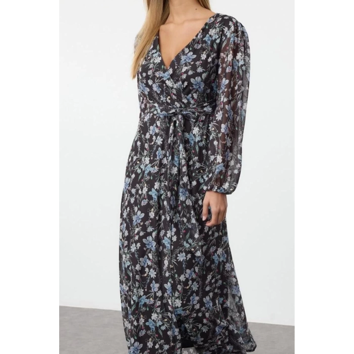 Moda Stil Regular Kruvaze Maxi Boy Çiçekli Örme Elbise Çiçekli Anvelop Shift Balon Kol