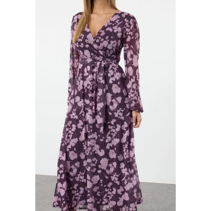 Moda Stil Regular Kruvaze Maxi Boy Çiçekli Örme Elbise Çiçekli Anvelop Shift Balon Kol
