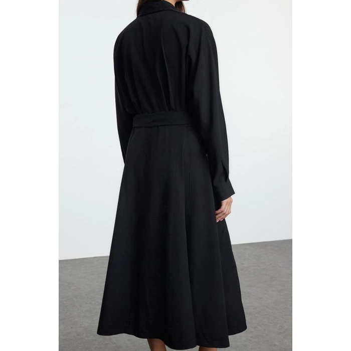 Moda Stil Regular Gömlek Yaka Midi Boy Kuşaklı Çizgili Dokuma Gömlek Elbise