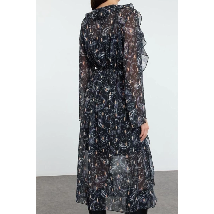 Moda Stil Regular V Yaka Midi Boy A Kesim Fırfır Detaylı Astarlı Dokuma Elbise