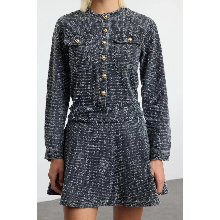 Moda Stil Denim Bisiklet Yaka Mini Boy Cep Detaylı Elbise