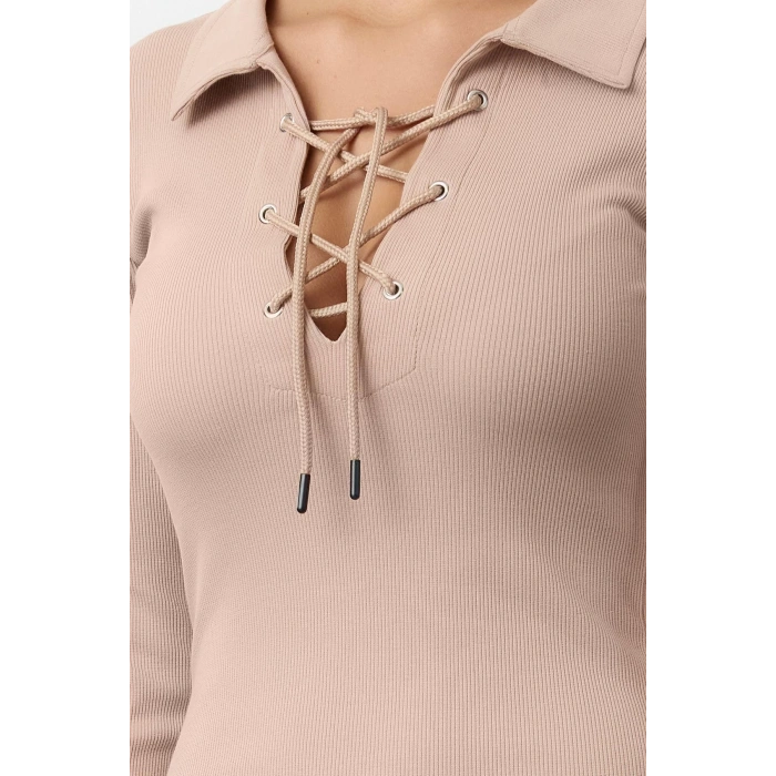 Moda Stil Slim Polo Yaka Midi Boy Kuşgözü Bağlama Detaylı Vücuda Oturan Fitilli Esnek Elbise