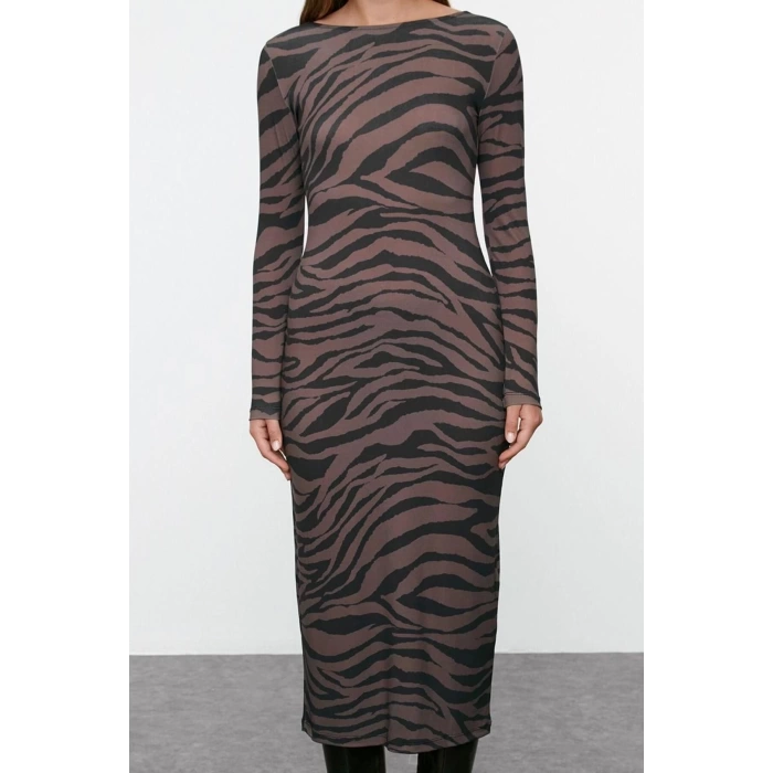 Fashion Style Slim Crew Neck Maxi Length Zebra Printed Fitted Stretchy Knitted Dress