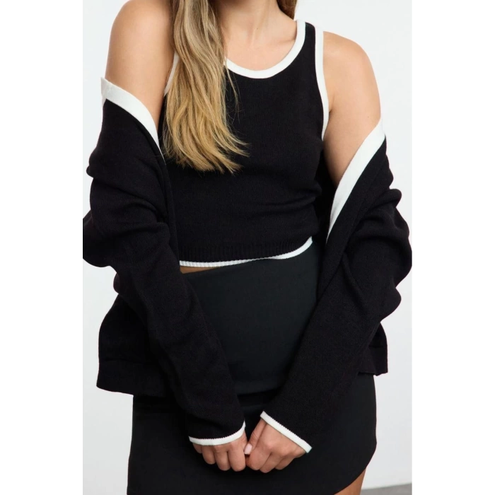 Style Modern Women Regular Standard Sleeve Crew Neck Color Block Knitwear Blouse-Cardigan Set