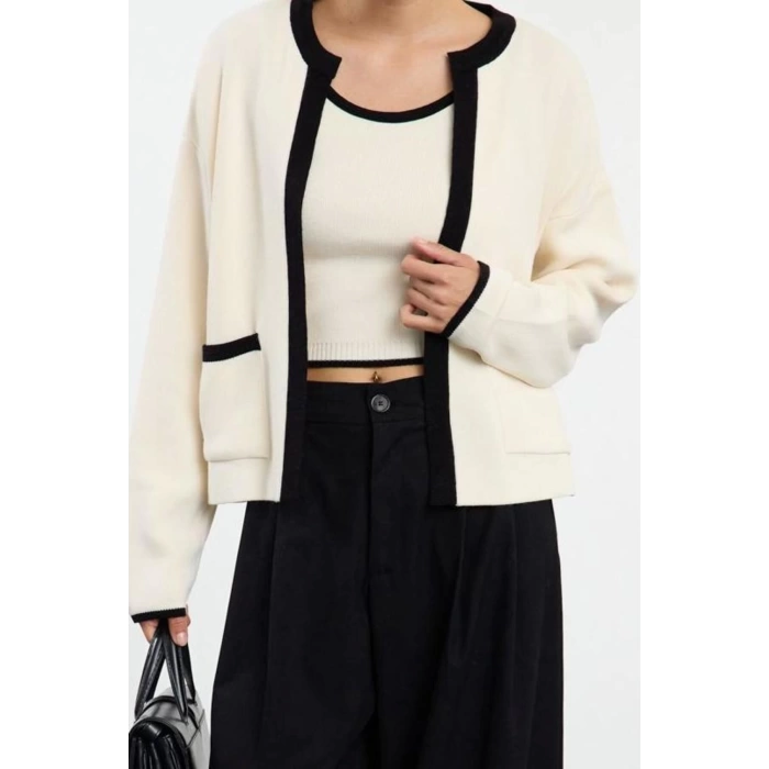 Style Modern Women Regular Standard Sleeve Crew Neck Color Block Knitwear Blouse-Cardigan Set