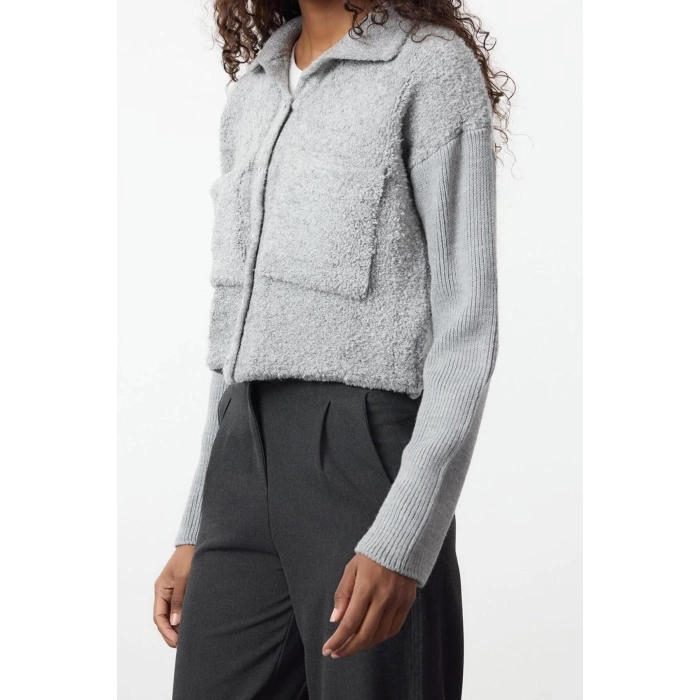 Style Women Regular Standard Sleeve Polo Collar Oversize Wide Pattern Boucle Coat Look Knitwear Cardigan