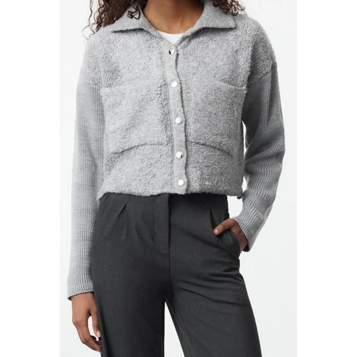 Style Women Regular Standard Sleeve Polo Collar Oversize Wide Pattern Boucle Coat Look Knitwear Cardigan