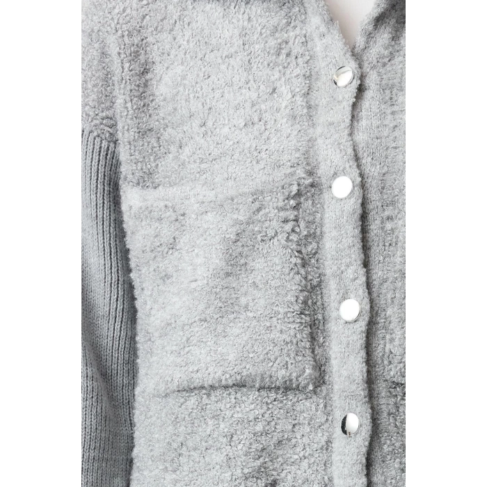 Style Women Regular Standard Sleeve Polo Collar Oversize Wide Pattern Boucle Coat Look Knitwear Cardigan