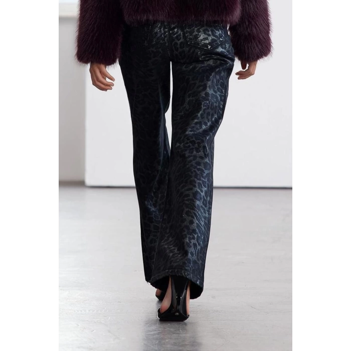 Style Women Fashion Denim Jeans Pants Long Wide Leg Leopard Foil Printed High Waist Jeans
