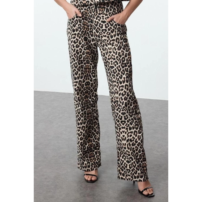 Style Women Fashion Denim Jeans Long Wide Leg Leopard Print High Waist Jeans