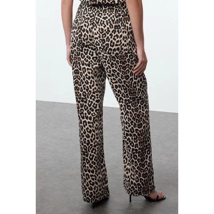 Style Women Fashion Denim Jeans Long Wide Leg Leopard Print High Waist Jeans