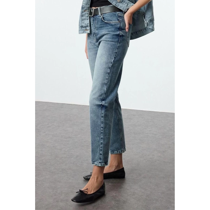Style Women Fashion Denim Jeans Pants Long Straight Leg Blue Faded Vintage High Waist Slim Mom Jeans