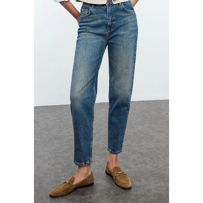 Style Women Fashion Denim Jeans Pants Long Straight Leg Blue Faded Vintage High Waist Slim Mom Jeans