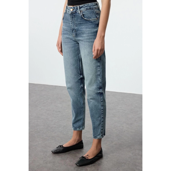 Style Women Fashion Denim Jeans Pants Long Straight Leg Blue Faded Vintage High Waist Slim Mom Jeans