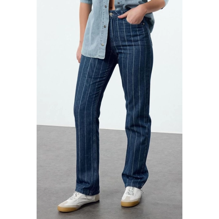 Style Women Fashion Denim Jeans Pants Long Straight Leg Blue Striped High Waist Straight Jeans