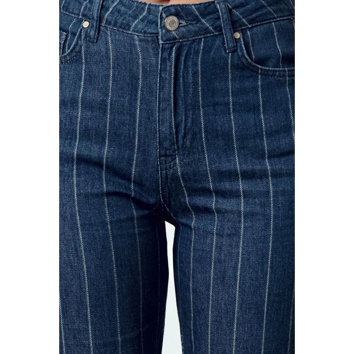 Style Women Fashion Denim Jeans Pants Long Straight Leg Blue Striped High Waist Straight Jeans