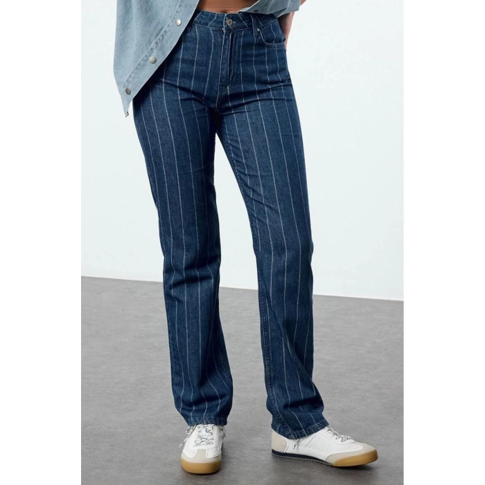 Style Women Fashion Denim Jeans Pants Long Straight Leg Blue Striped High Waist Straight Jeans