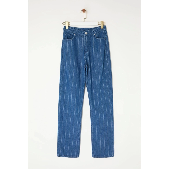 Style Women Fashion Denim Jeans Pants Long Straight Leg Blue Striped High Waist Straight Jeans