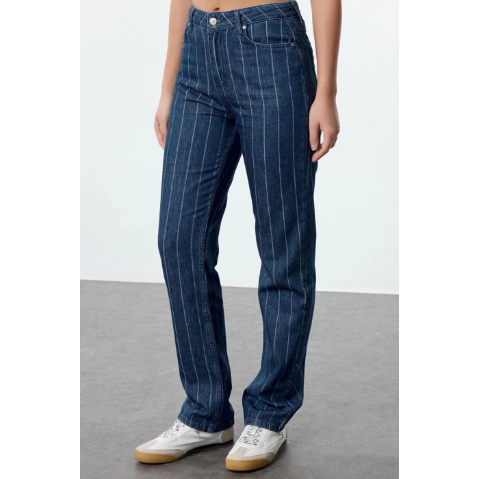 Style Women Fashion Denim Jeans Pants Long Straight Leg Blue Striped High Waist Straight Jeans