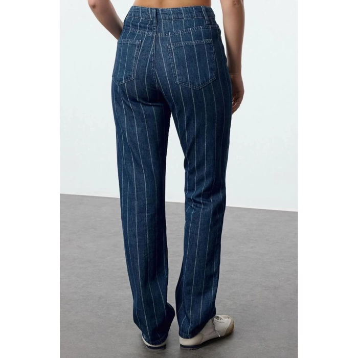 Style Women Fashion Denim Jeans Pants Long Straight Leg Blue Striped High Waist Straight Jeans