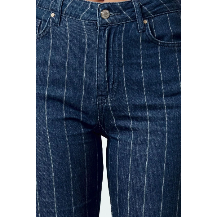 Style Women Fashion Denim Jeans Pants Long Straight Leg Blue Striped High Waist Straight Jeans