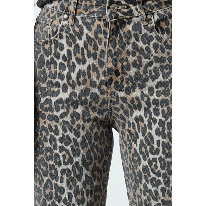 Style Women Fashion Denim Jeans Pants Long Straight Leg Leopard Print Brown High Waist Jeans