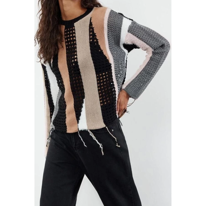 Style Women Regular Standard Sleeve Stand Collar Soft Texture Color Block Openwork Hole Knitwear Sweater