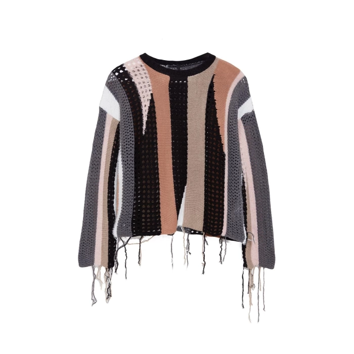 Style Women Regular Standard Sleeve Stand Collar Soft Texture Color Block Openwork Hole Knitwear Sweater