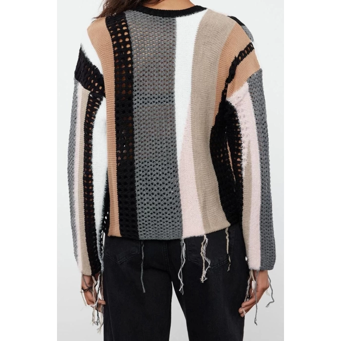 Style Women Regular Standard Sleeve Stand Collar Soft Texture Color Block Openwork Hole Knitwear Sweater
