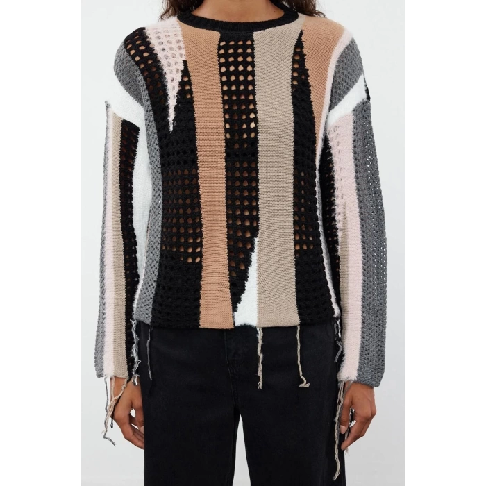 Style Women Regular Standard Sleeve Stand Collar Soft Texture Color Block Openwork Hole Knitwear Sweater