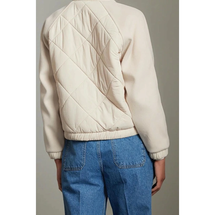 Design Plain Lined Collar Standard Wide V Womens Sleeve Stamp Detailed Seasonal Bomber Jacket Coat