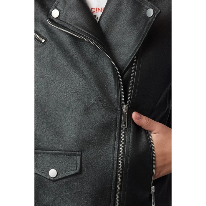 Tasarım Düz Astarlı Yaka Standart Regular Kruvaze Kadın Regular Suni Deri Biker Ceket Mont