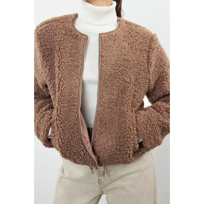 Design Plain Lined Collar Standard Regular Bike Womens Regular Boucle Thin Jacket Coat