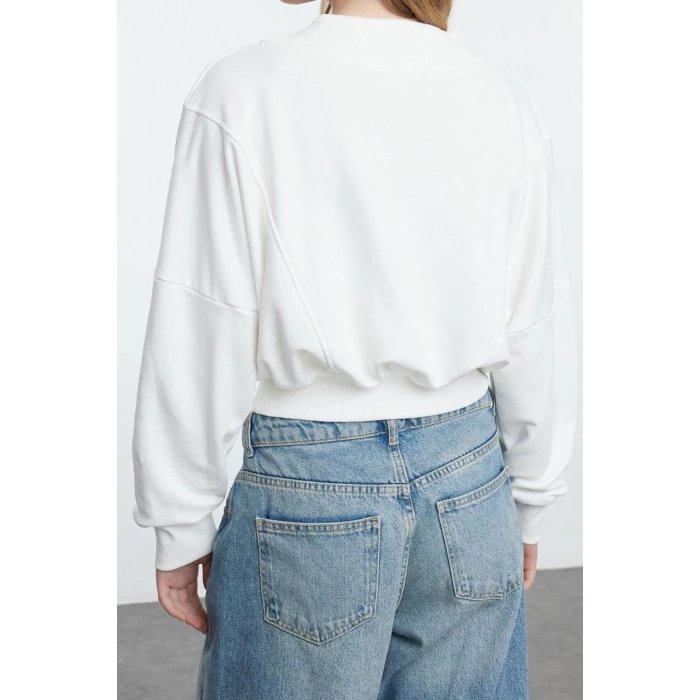 Tarz Relaxed V Yaka Düşük Kol Crop Rahat Kalıp V Yaka Kalın Örme Sweatshirt