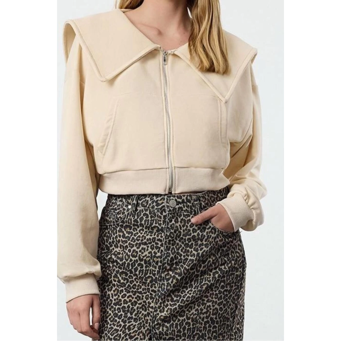 Style Crop Polo Neck Low Sleeve Crop Regular Cut Zippered Collar Detailed Knitted Sweatshirt