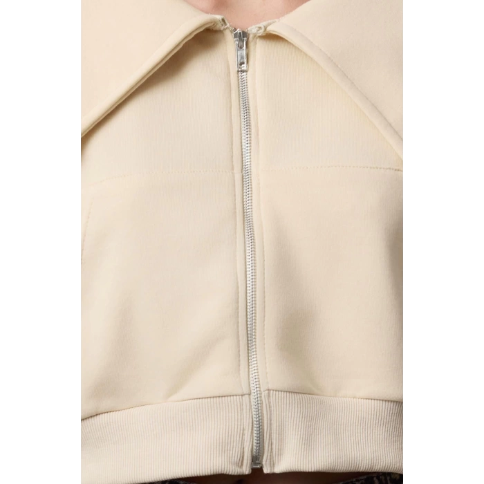 Style Crop Polo Neck Low Sleeve Crop Regular Cut Zippered Collar Detailed Knitted Sweatshirt