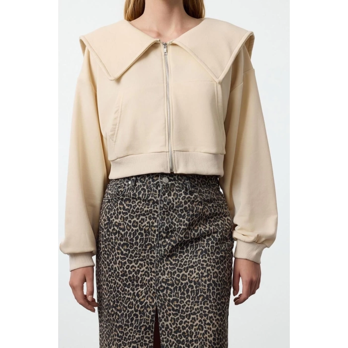Style Crop Polo Neck Low Sleeve Crop Regular Cut Zippered Collar Detailed Knitted Sweatshirt
