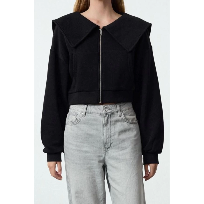 Style Crop Polo Neck Low Sleeve Crop Regular Cut Zippered Collar Detailed Knitted Sweatshirt