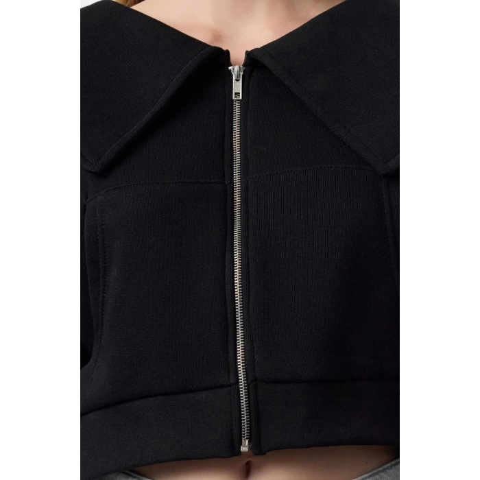 Style Crop Polo Neck Low Sleeve Crop Regular Cut Zippered Collar Detailed Knitted Sweatshirt
