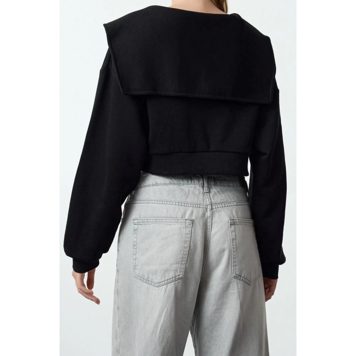 Style Crop Polo Neck Low Sleeve Crop Regular Cut Zippered Collar Detailed Knitted Sweatshirt