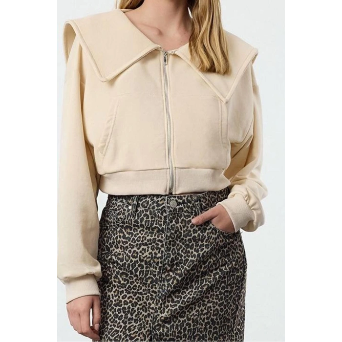 Style Crop Polo Neck Low Sleeve Crop Regular Cut Zippered Collar Detailed Knitted Sweatshirt