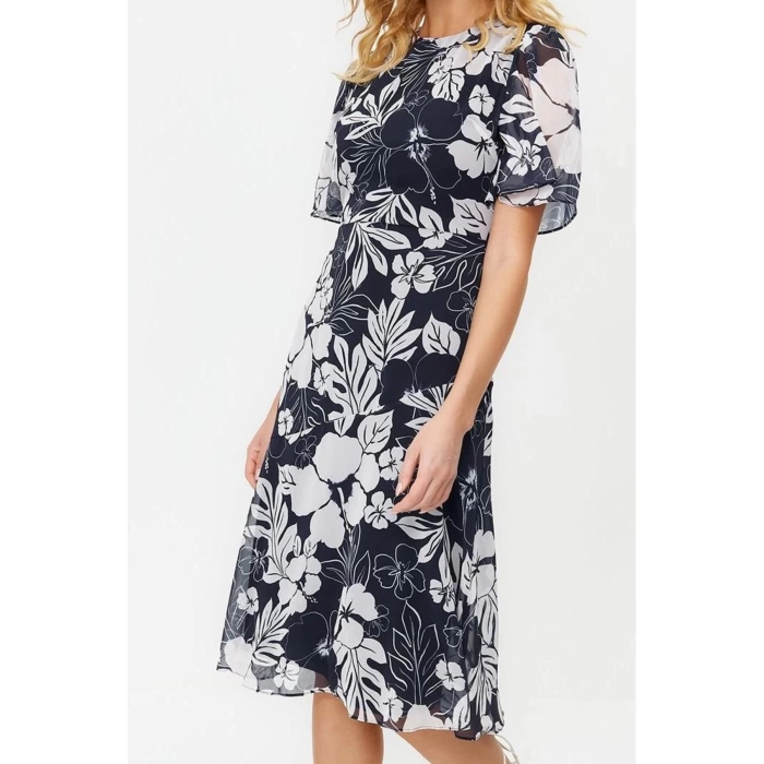 Moda Stil Regular Bisiklet Yaka Midi Boy Çiçek Desenli A Kesim Astarlı Dokuma Elbise