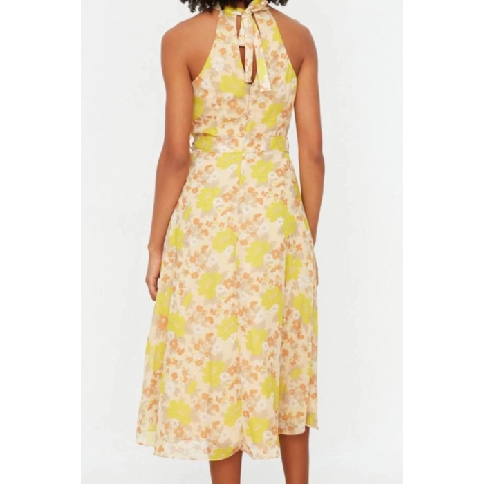 Moda Stil Regular Halter Yaka Midi Boy Çiçek Desenli Kuşaklı A Kesim Kolsuz Astarlı Dokuma Elbise
